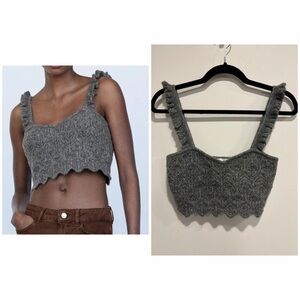 Zara Grey Ruffle Strap Knit Crop Top | Cable Knit Sweater Tank Size S